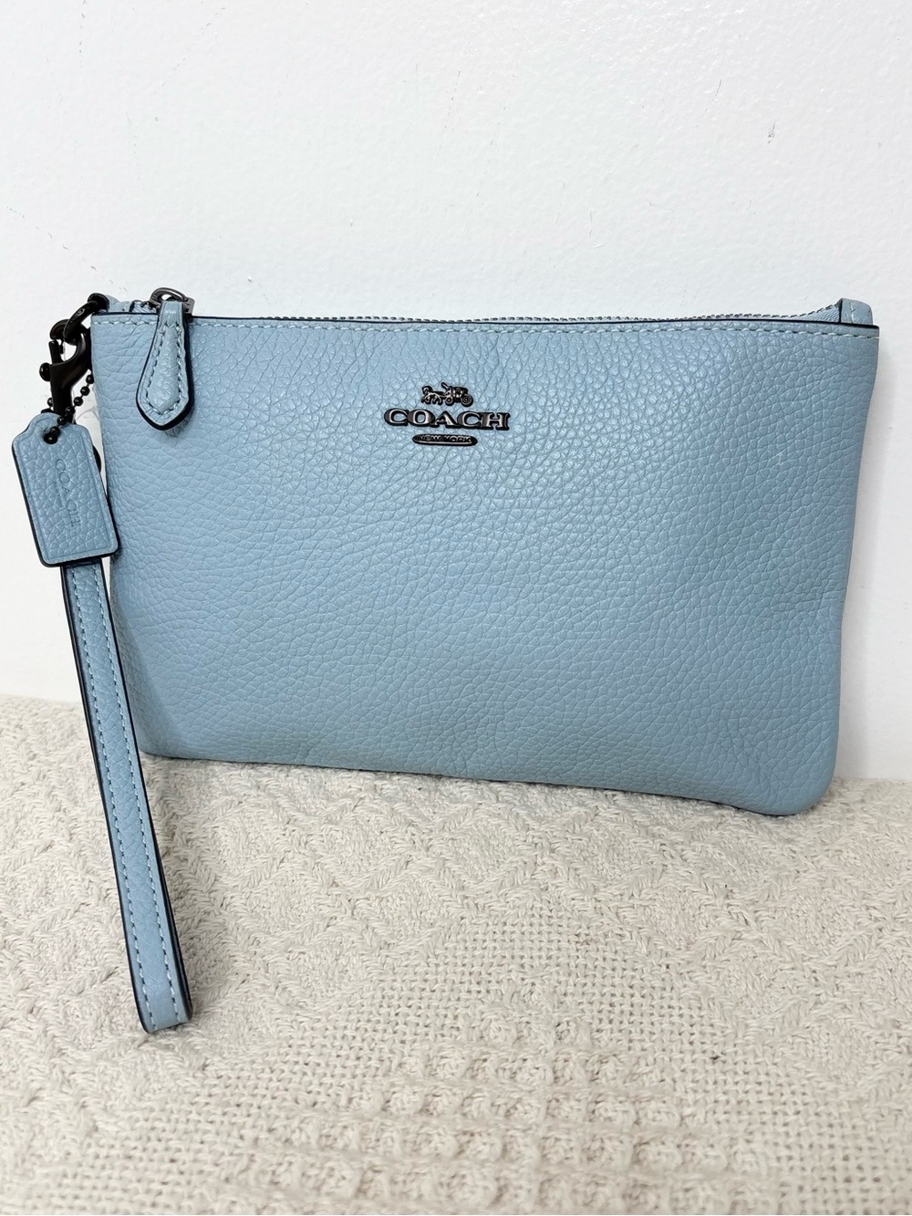 Coach Polished Pebble Leather Small Zip Top Wristlet Bluebell 22952